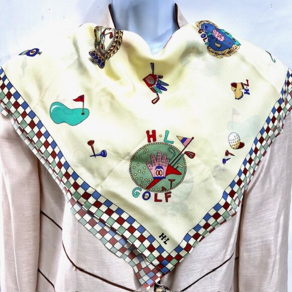 (2) Japanese H L  Furoshiki SILK Scarf 29"x29" light yellow  red blue golf  (38) - Picture 9 of 14